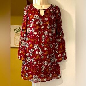 Xhilaration Boho Floral Printed Long Flare Sleeve Keyhole Mini Dress Size S